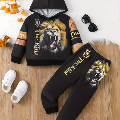 Boy clothing 1 Set Boys' 3D Lion Graphic Hooded Sweatshirt and Jogger Pants