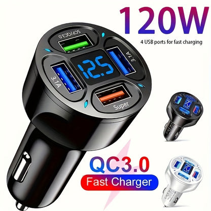 Car   120W Car Charger with 4 USB Ports, Digital Display and Fast Charging Technology - Perfect for Charging Multiple Devices at the Same Time!