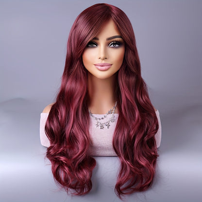 Crown & Glory Wigs  Long Reddish Brown Curly Wig With Bangs For Women Curly Wavy Wigs Synthetic Heat Resistant Fiber For Daily Party Cosplay Use