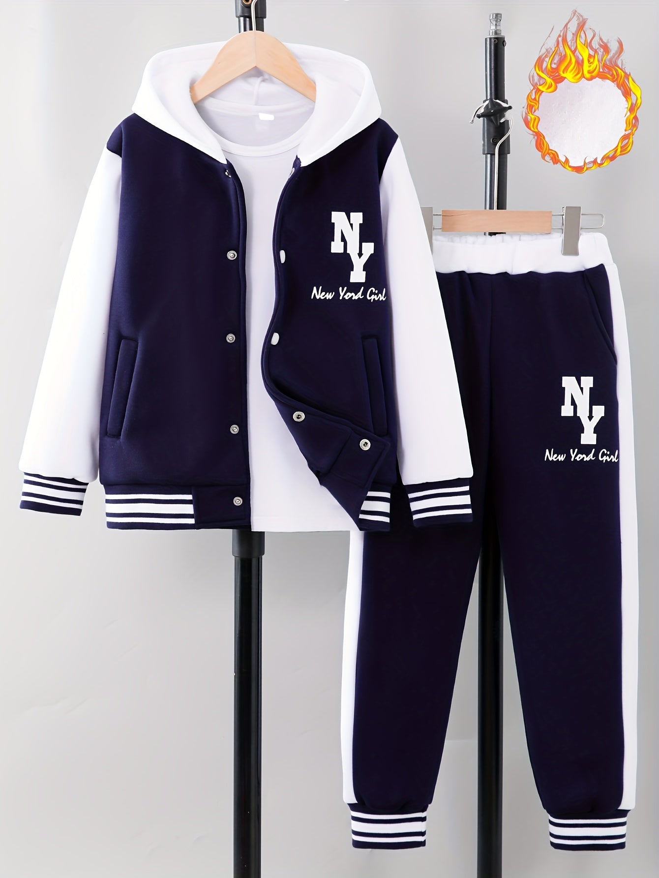 Girl clothing  'NY' Letter Print  Block Hooded Varsity Jacket + Sweatpants Set