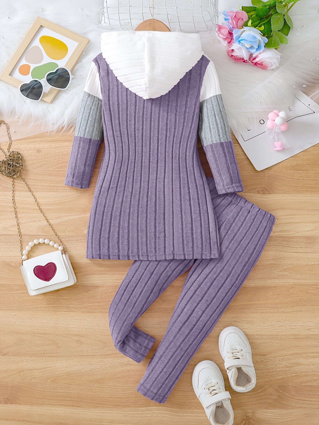 Girl clothing  2pcs Set, Spring/Fall Knitted Casual Outfit, Color Block Long Sleeve Hooded Pullover and Long Pants