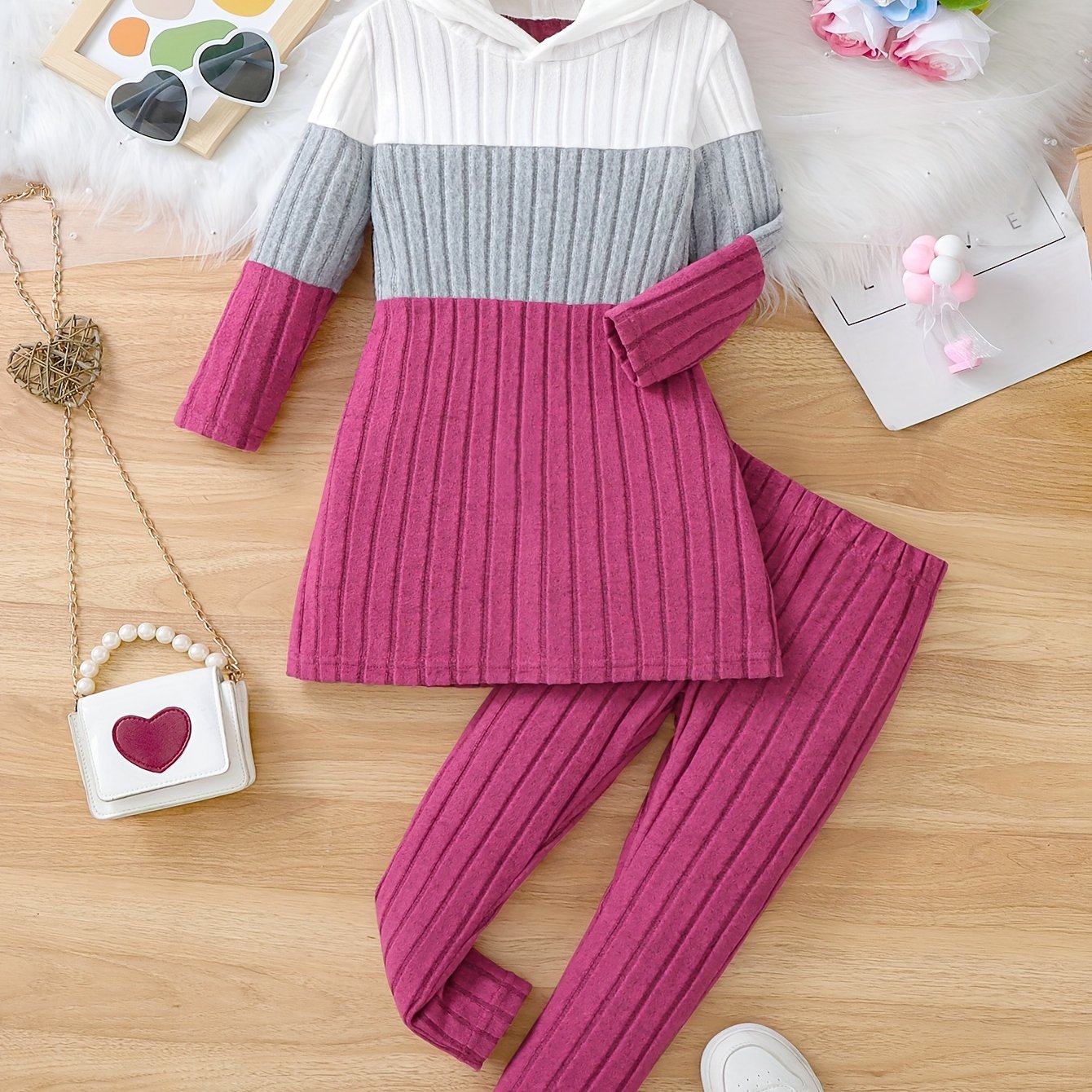 Girl clothing  2pcs Set, Spring/Fall Knitted Casual Outfit, Color Block Long Sleeve Hooded Pullover and Long Pants