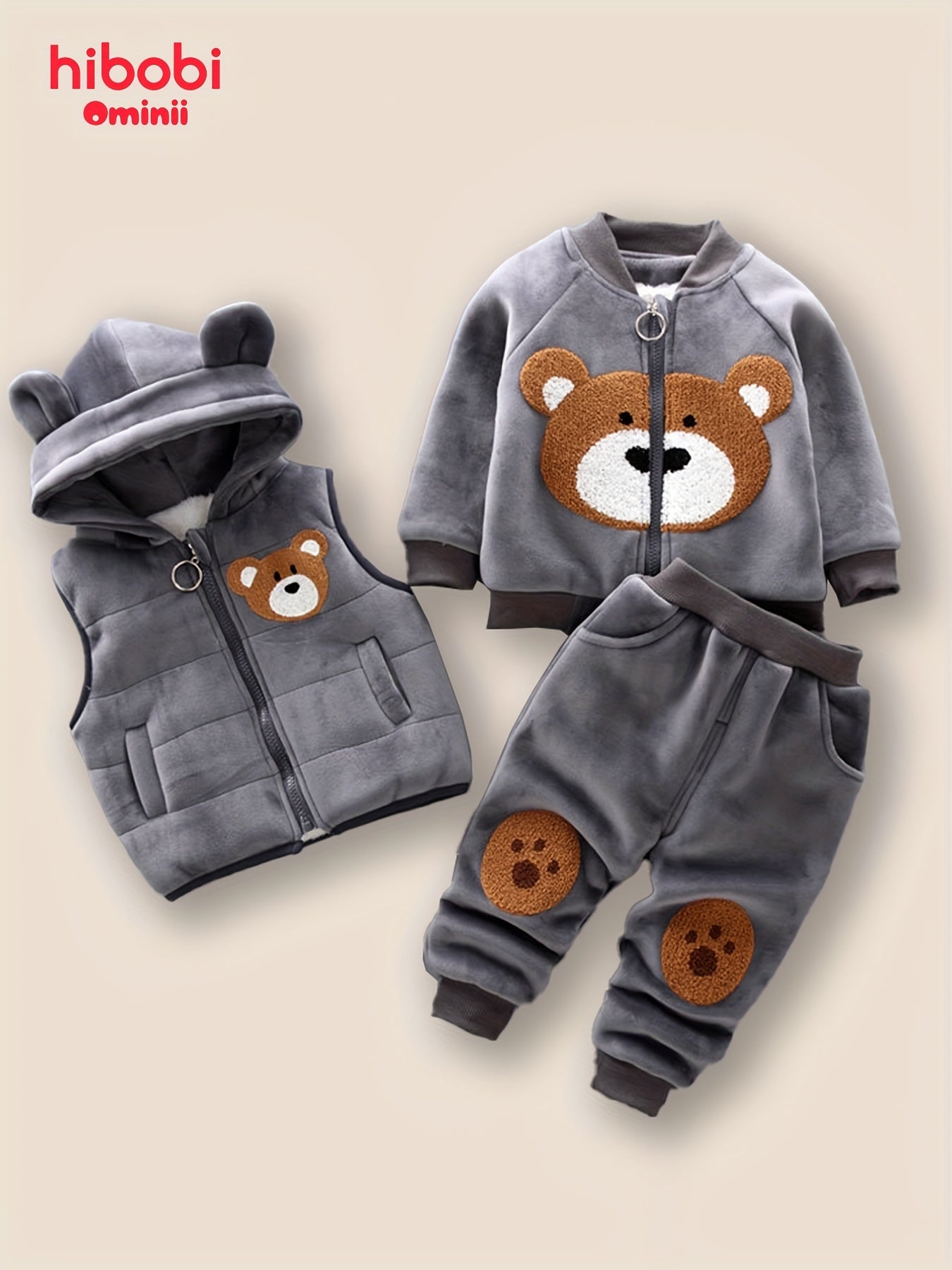 Boy clothing  3pcs Toddler Boy Outfit Set -Bear Appliqué Top, Hooded Zip-Up Jacket, and Matching Pants