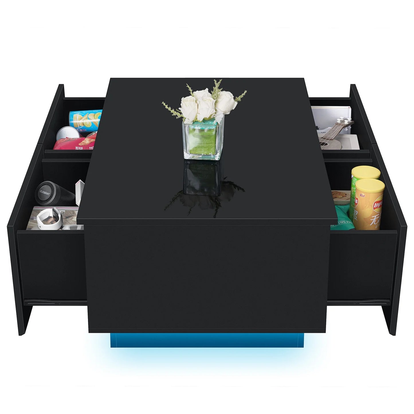 LED Coffee Table with 4 Drawers Center Cocktail Side Table Black High Gloss Finish