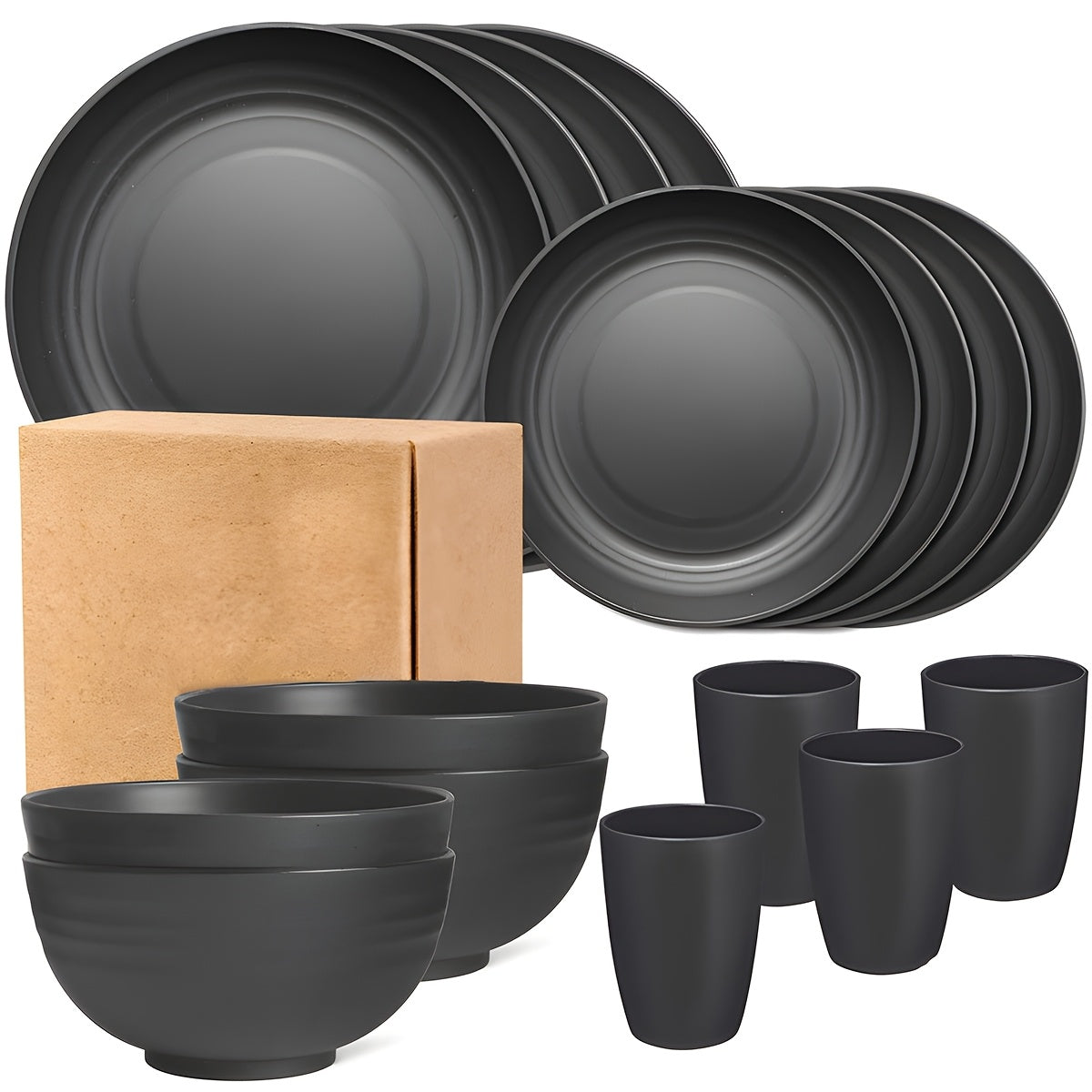 Kitchen   4/16/32pcs, Dinnerware Set, Matte Black Plastic Kitchen Dining Set, Includes 8 Dinner Plates, 8 Dessert Plates, 8 Bowls, 8 Cups Reusable, BPA-Free, For Home And Restaurant Use