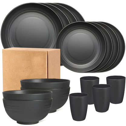 Kitchen   4/16/32pcs, Dinnerware Set, Matte Black Plastic Kitchen Dining Set, Includes 8 Dinner Plates, 8 Dessert Plates, 8 Bowls, 8 Cups Reusable, BPA-Free, For Home And Restaurant Use