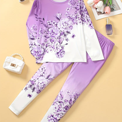 Girl clothing  G Floral Print Long Sleeve Tee & Slim-Fit Leggings Set