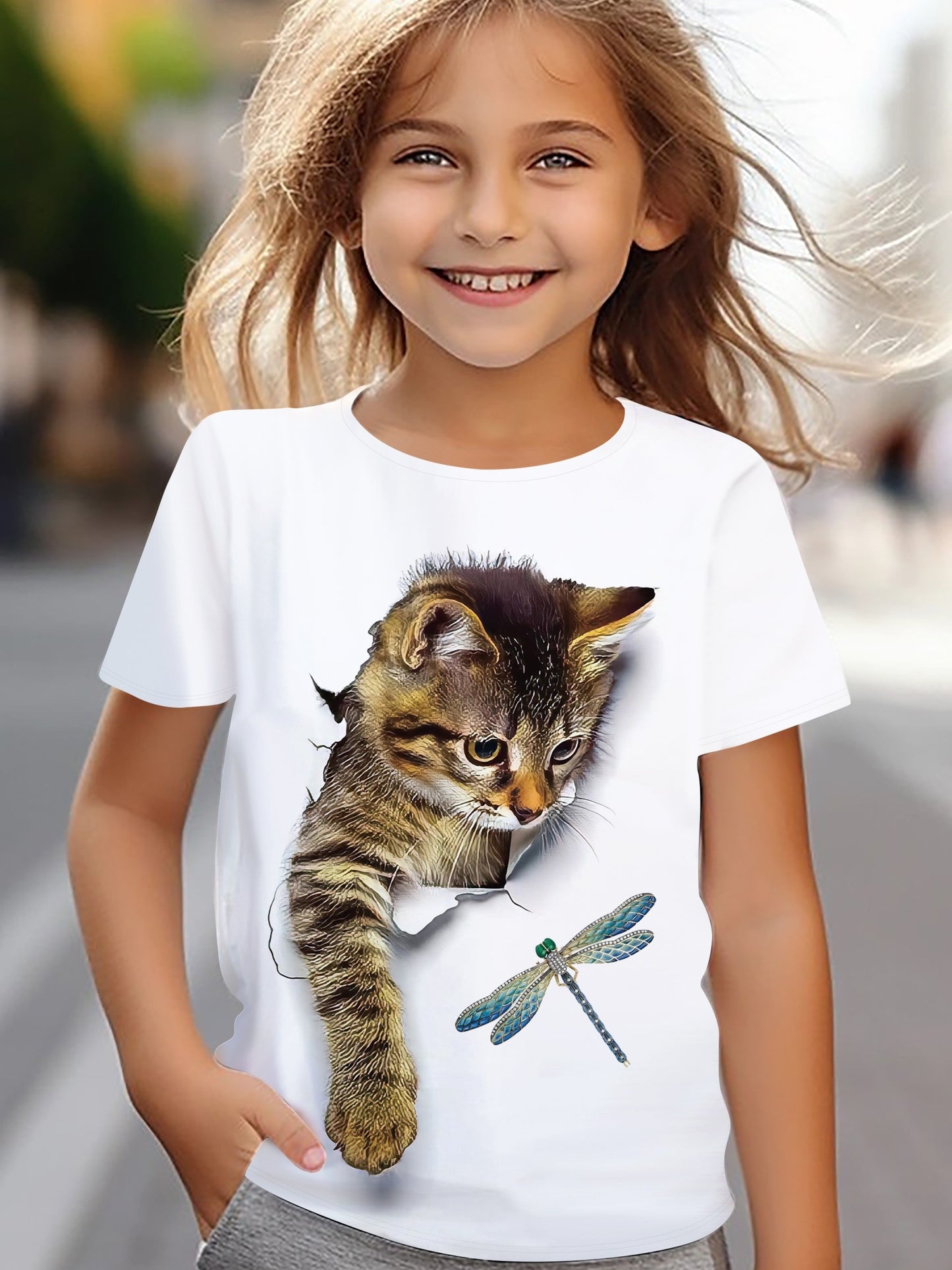 Girl clothing  Cat & Dragonfly Graphic Short Sleeve T-shirt