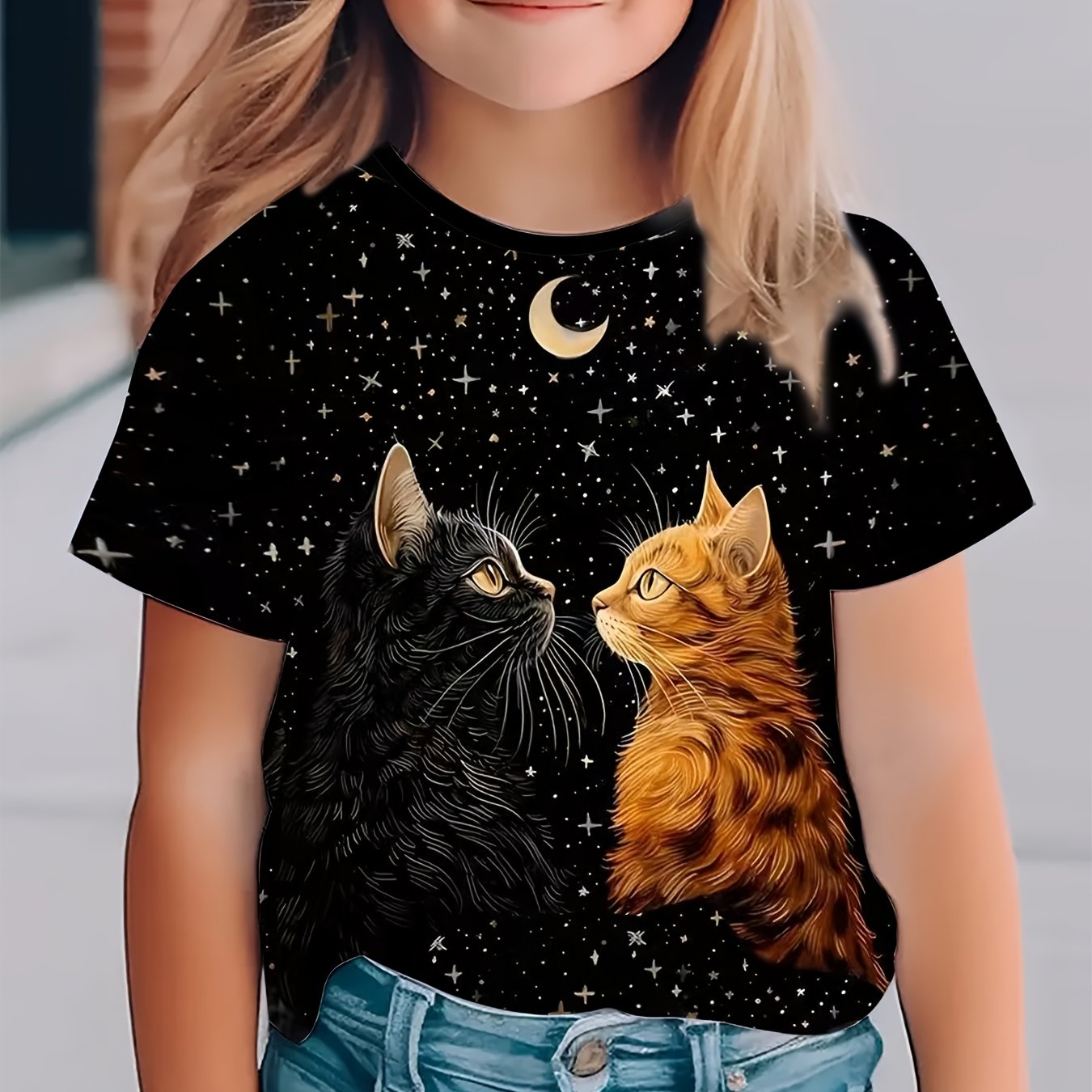 Boy  clothing  Girls/boys Trendy 3D Moon & Cat Print Short Sleeve T-shirt