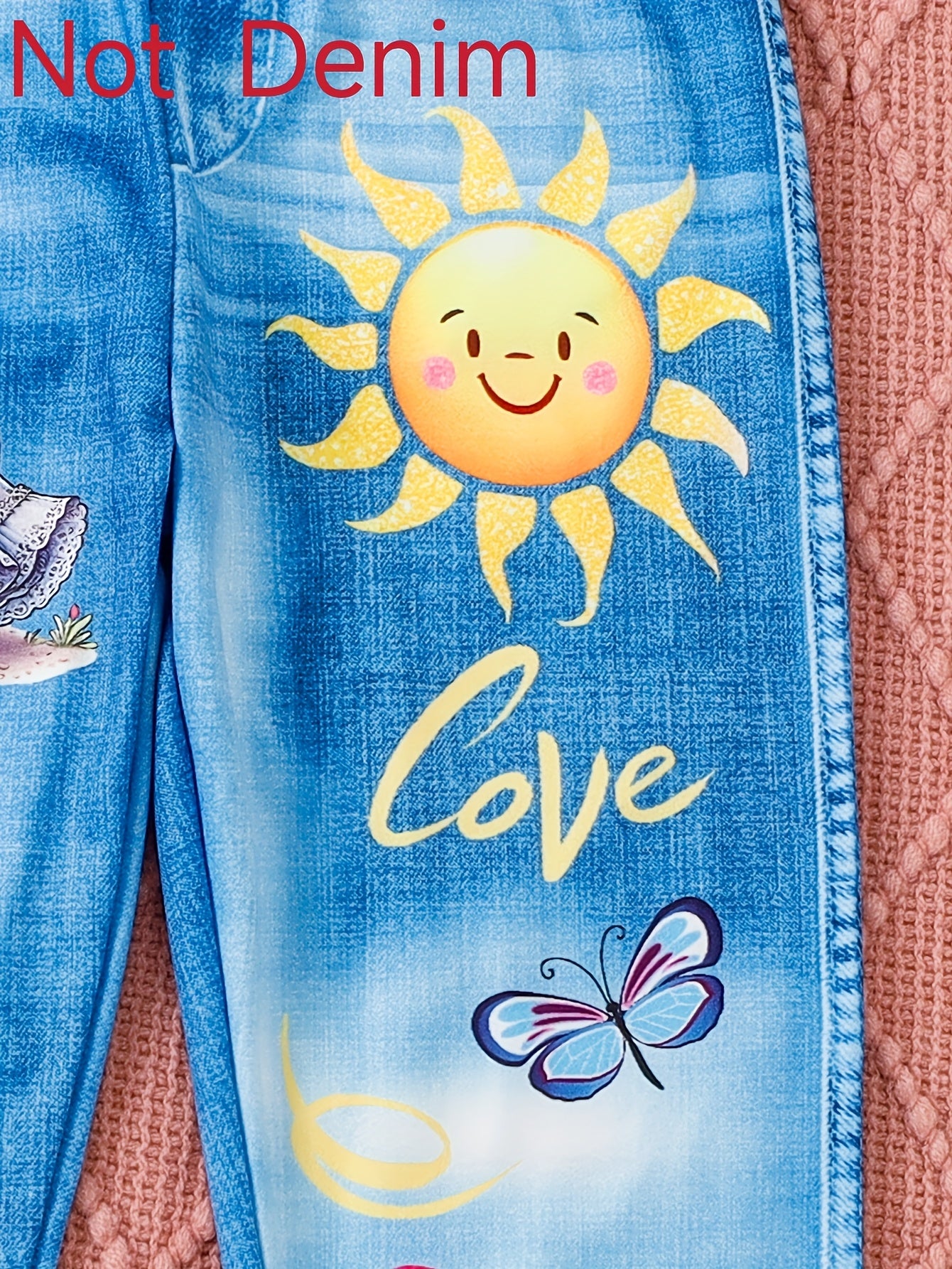 Girl clothing  2pcs Cute Bear and Sun Butterfly Heart Print Long Sleeve Top and Denim Pants Set