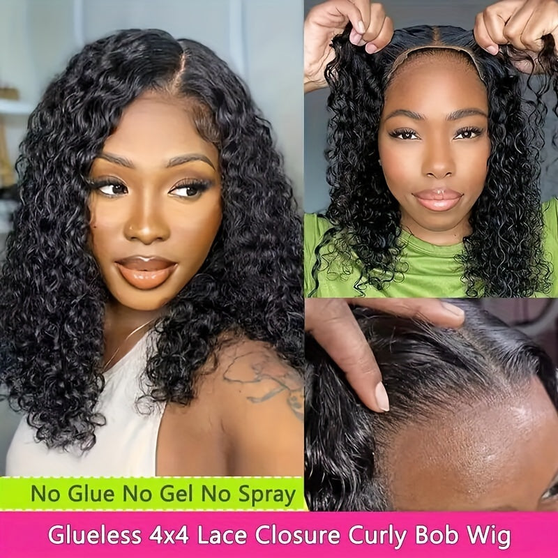 Crown & Glory Wigs  Glue less Wigs Human Hair Pre Plucked Pre Cut Curly Put On And Go None Lace Curly Wig For Women 4x4 HD Lace Closure Wig