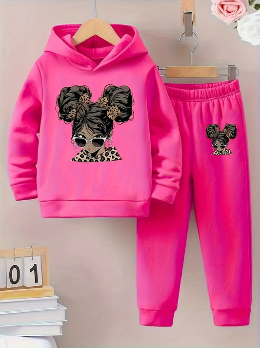 Girl clothing  2pcs Set: Long Sleeve Hoodie with Printed Cap, Sweatshirt with Leopard Print, Elastic Waist Sweatpants,