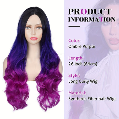 Crown & Glory Wigs  Elegant Ombre Purple Wig for Women - Long, Heat-Resistant Synthetic Hair with Dark Roots, Natural Look Body Wave Style (Black to Blue to Purple), 3 Tone, Colored Wigs, 1B, Elegant Style