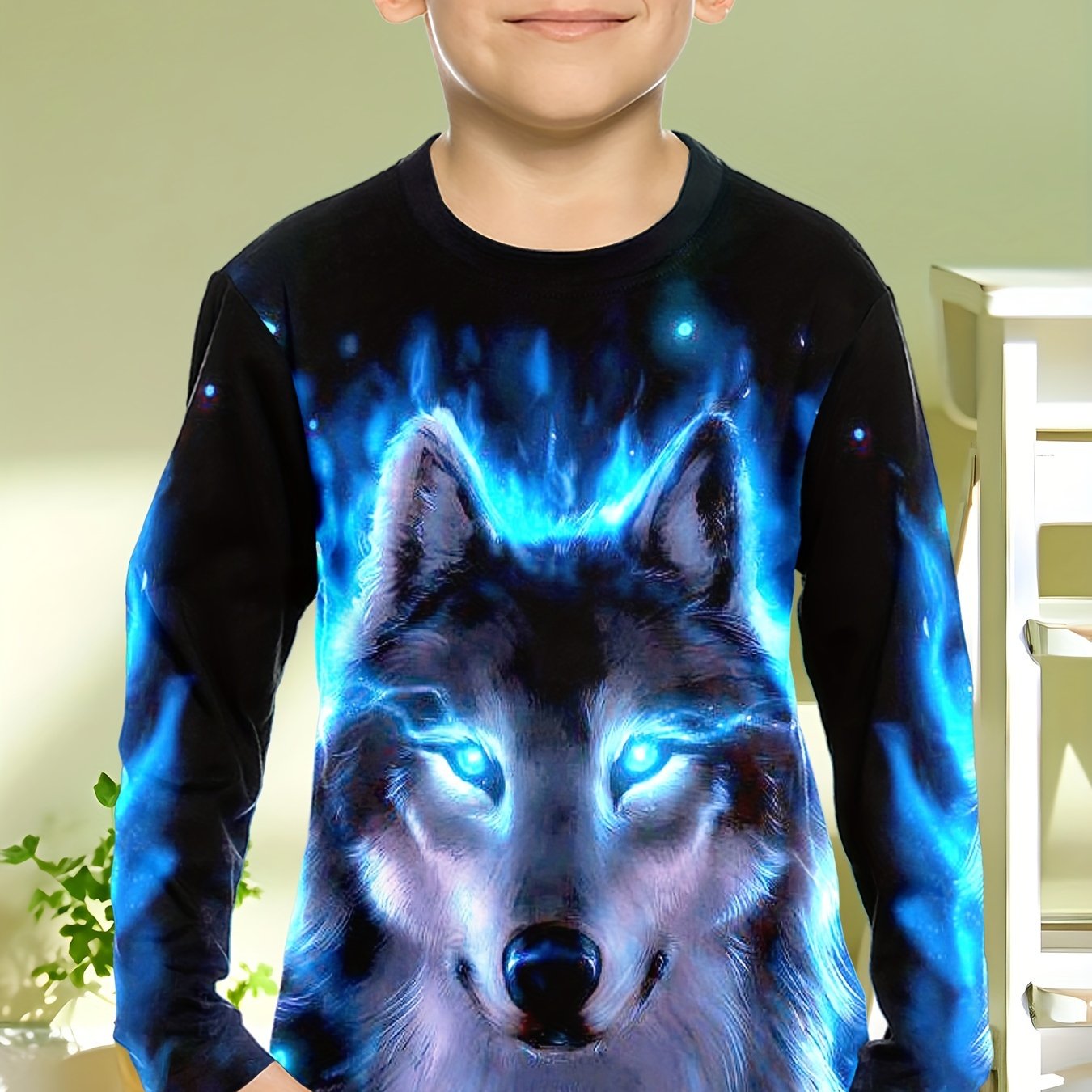 Boy  clothing   Wolf Head Print Long Sleeve T-Shirt