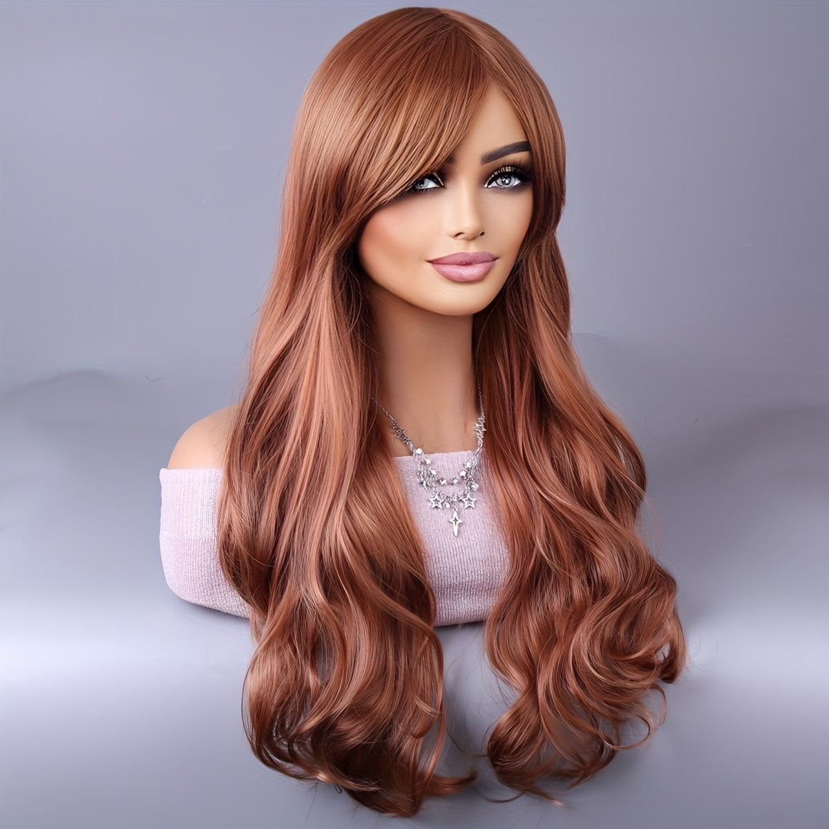 Crown & Glory Wigs  Long Reddish Brown Curly Wig With Bangs For Women Curly Wavy Wigs Synthetic Heat Resistant Fiber For Daily Party Cosplay Use