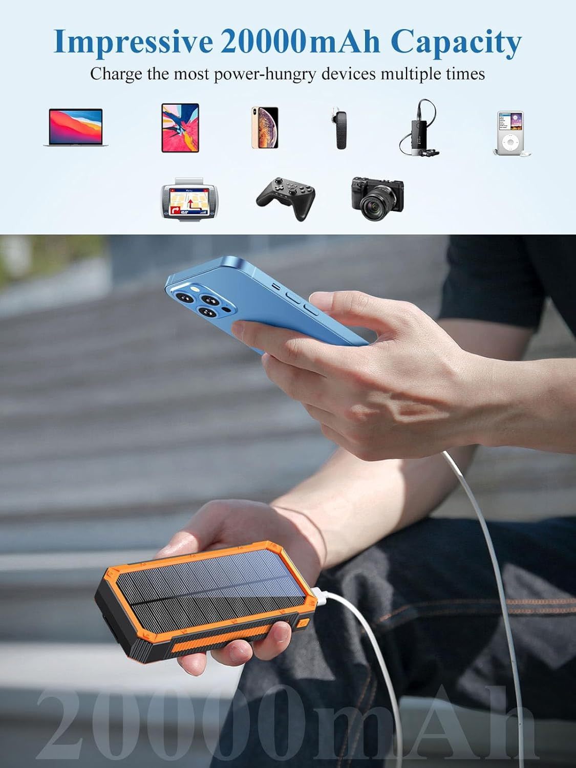 Mobile  Solar Power Bank 20000 mAh, PD20W Solar portable Charger with Output USB  Smartphones, Tablets and more.