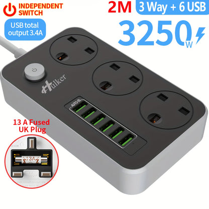 Mobile  2M Durable Hulker Power Strips with 3 Way Outlets, 6 USB Ports, Smart USB Charger, and UK Socket