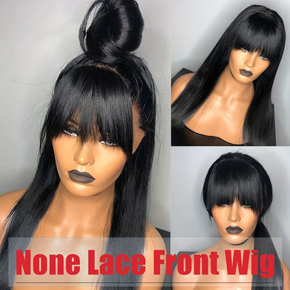 Crown & Glory Wigs   Silky Brazilian Virgin Straight Human Hair Wigs with Bangs 150% Density None Lace Front Wigs Glueless Machine Made Wigs for Women Natural Color