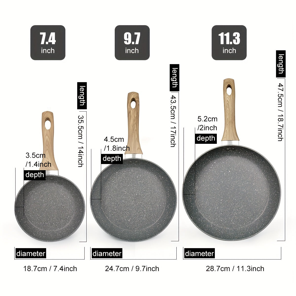 Kitchen 3pcs Non-Stick Pan Set, Aluminum, 17.78 cm & 24.13 cm & 27.94 cm, Grey, Foa And Pfas-Free for Kitchen Cooking