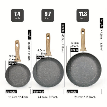 Kitchen 3pcs Non-Stick Pan Set, Aluminum, 17.78 cm & 24.13 cm & 27.94 cm, Grey, Foa And Pfas-Free for Kitchen Cooking