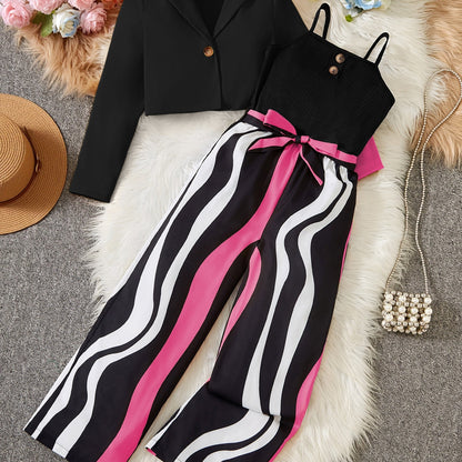 Girl clothing  Long Sleeve Short Blazer + Camisole + Striped Jumpsuit Set Includes Belt