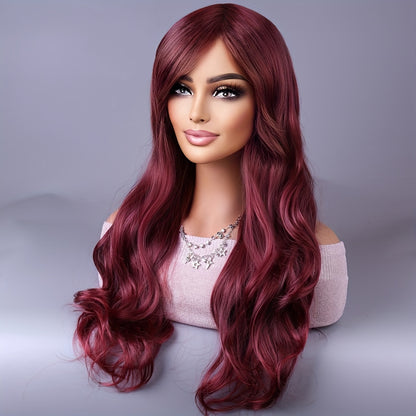 Crown & Glory Wigs  Long Reddish Brown Curly Wig With Bangs For Women Curly Wavy Wigs Synthetic Heat Resistant Fiber For Daily Party Cosplay Use