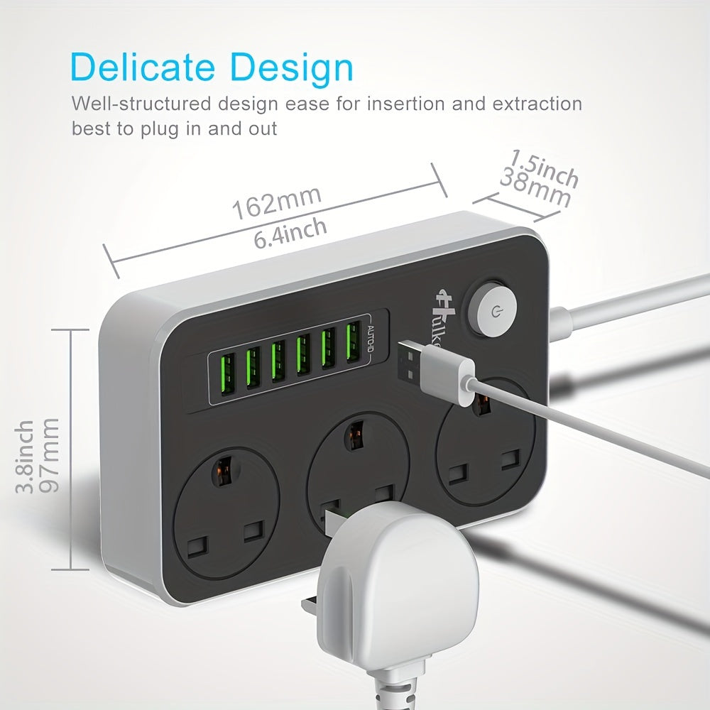 Mobile  2M Durable Hulker Power Strips with 3 Way Outlets, 6 USB Ports, Smart USB Charger, and UK Socket