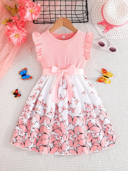 Girl clothing  Girls' Butterfly Print Spliced Solid Color Groove No-sleeve Earlobe Sleeve Hem Dress + Belt Two-piece Set