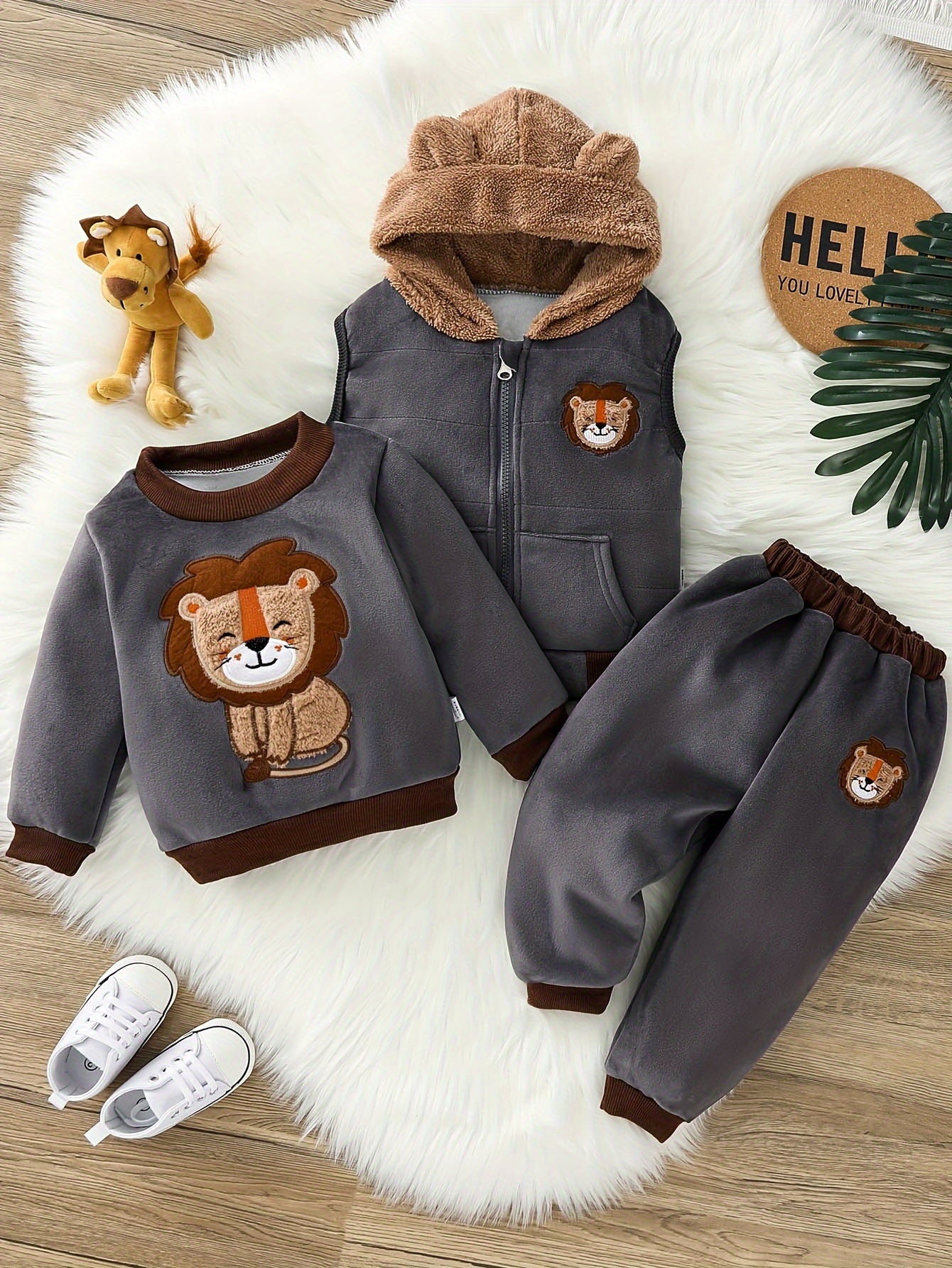 Boy clothing  3pcs Toddler Boy Outfit Set -Bear Appliqué Top, Hooded Zip-Up Jacket, and Matching Pants