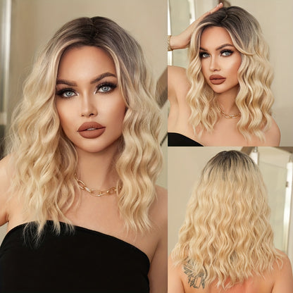 Crown & Glory Wigs   7JHH WIGS Chic Ombre Blonde Shoulder-Length Wig for Women - Deep Wave, High Density 150% Synthetic Hair with Dark Roots to Light Tips, Beginner-Friendly, Heat Resistant, 18-Inch, Perfect for Vacation Style, Short Hair Wig