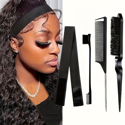 Style & Shine Hair  4-Piece Hair Styling Accessory Set - Elastic Edge Band for Wigs, Lace Front Grip, Pin Tail Comb, Fine Tooth Comb, Double-Sided Edge Control Brush Kit