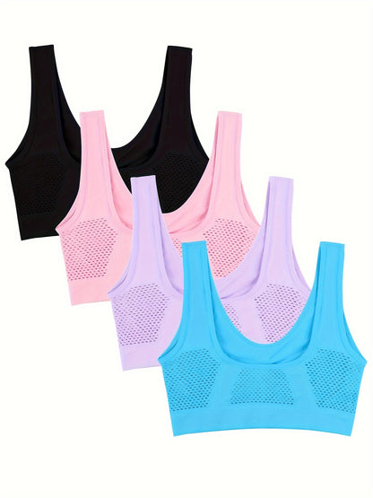 Woman clothing  4pcs Breathable High-Support Women's Sports Bras - No-Wire Design with Hollow-Out Detail for Running & Yoga