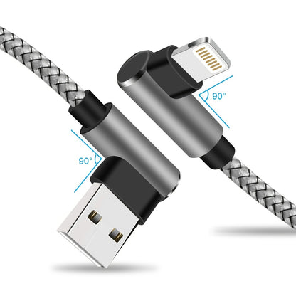 Mobile  3-Pack 6ft Nylon Braided Charging Cables - 90 Degree Round USBMale to Female, Data Sync, USB Powered 0-5W - Compatible with iPhone/iPod/iPad, Grey