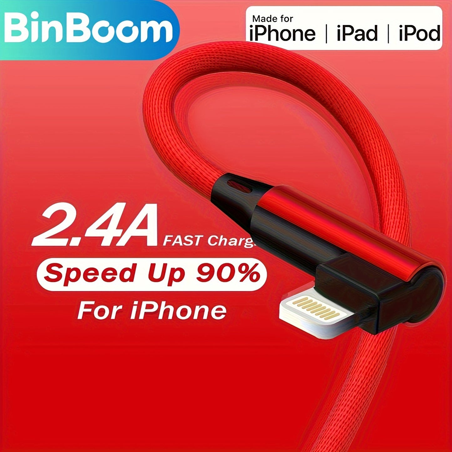 Mobile  2.4A Fast Charging Cable, Nylon Braided Right Angle USB to iPhone/iPad Charger Cord, Durable Flat Design