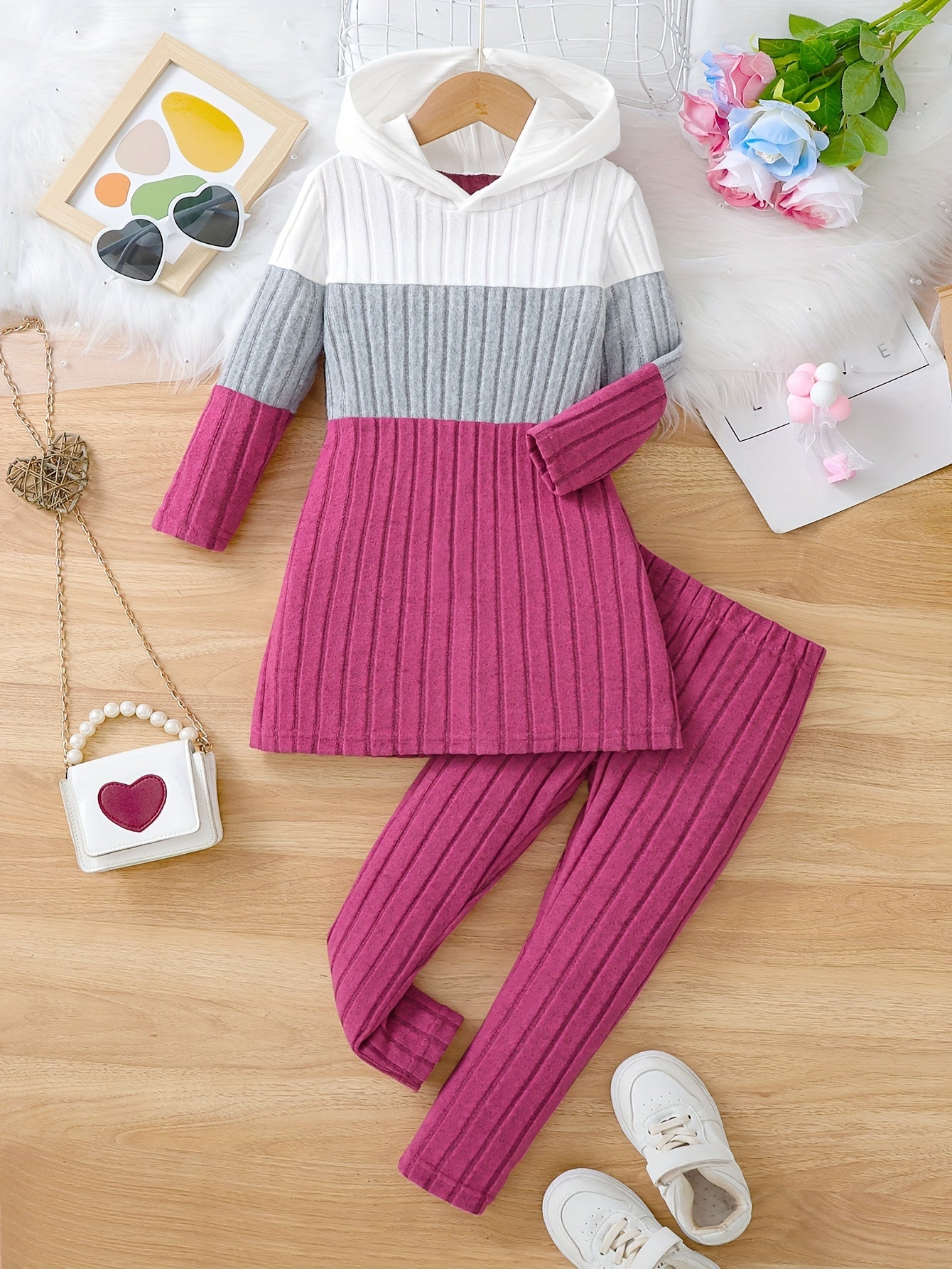 Girl clothing  2pcs Set, Spring/Fall Knitted Casual Outfit, Color Block Long Sleeve Hooded Pullover and Long Pants