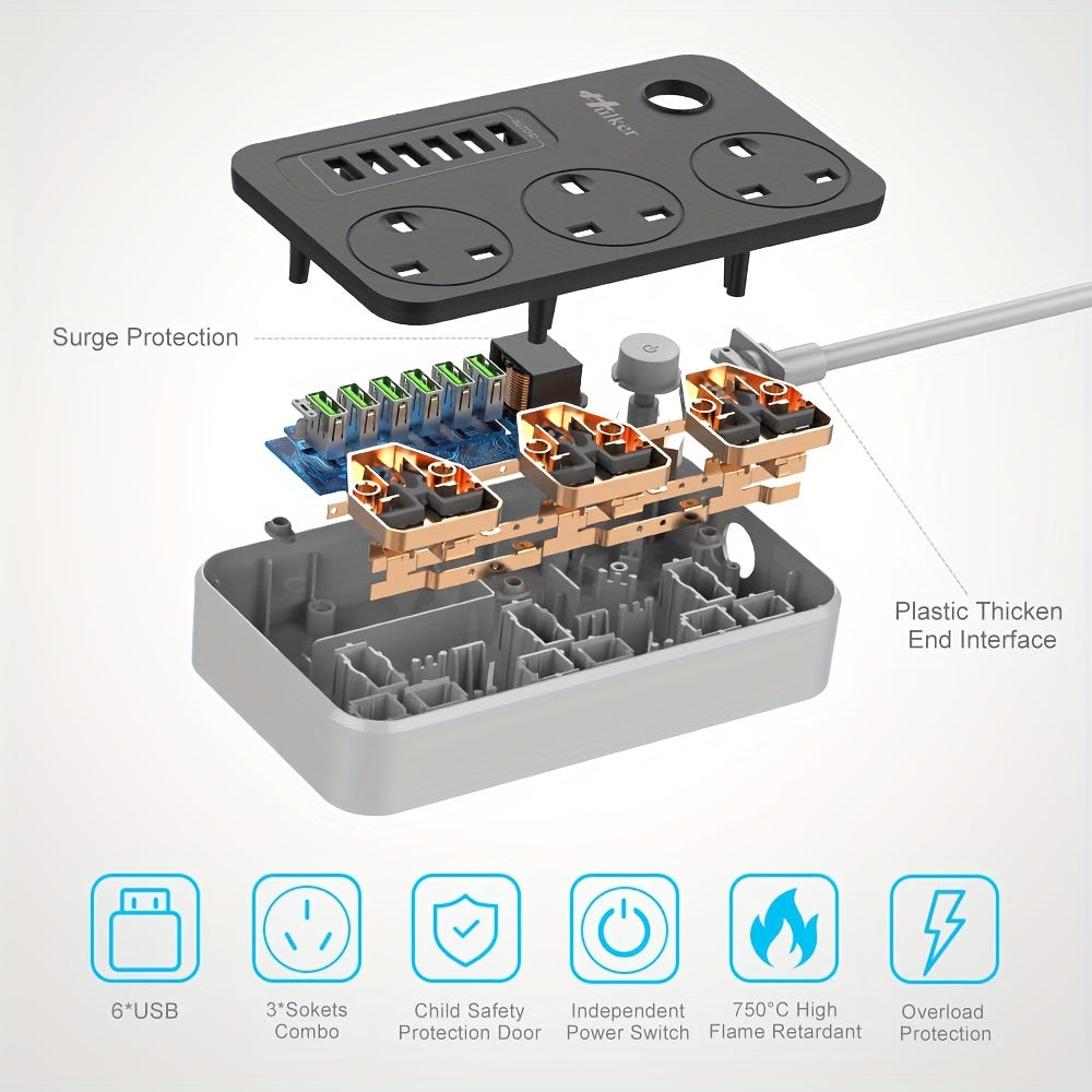 Mobile  2M Durable Hulker Power Strips with 3 Way Outlets, 6 USB Ports, Smart USB Charger, and UK Socket