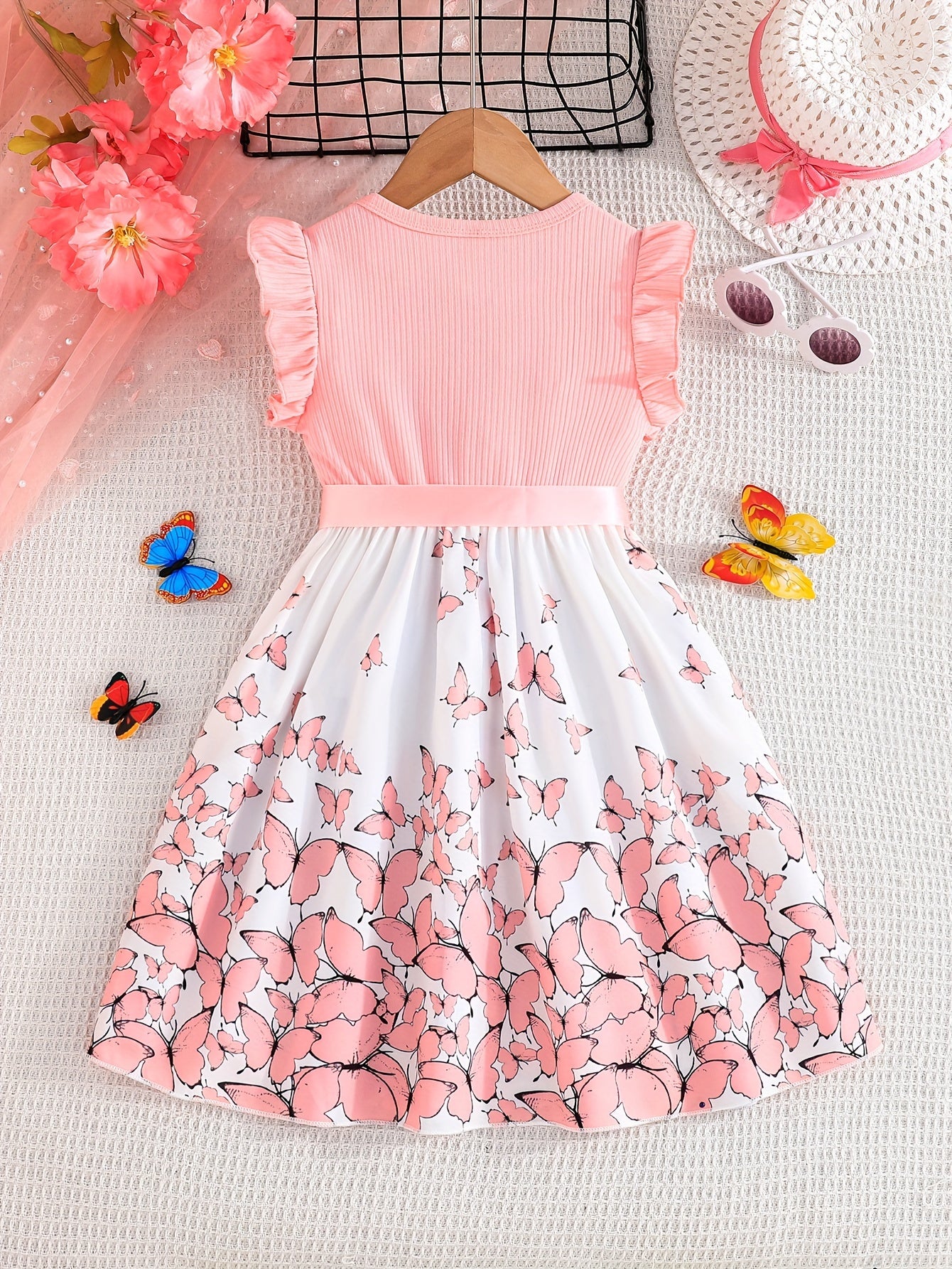 Girl clothing  Girls' Butterfly Print Spliced Solid Color Groove No-sleeve Earlobe Sleeve Hem Dress + Belt Two-piece Set