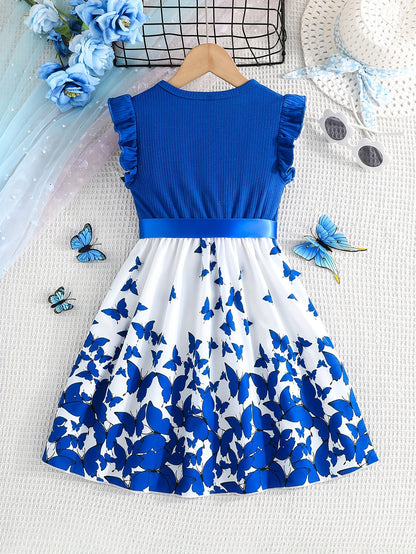 Girl clothing  Girls' Butterfly Print Spliced Solid Color Groove No-sleeve Earlobe Sleeve Hem Dress + Belt Two-piece Set