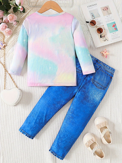 Girl clothing  2pcs Girls Unicorn Graphic Pullover + Faux Denim Print Pants Set