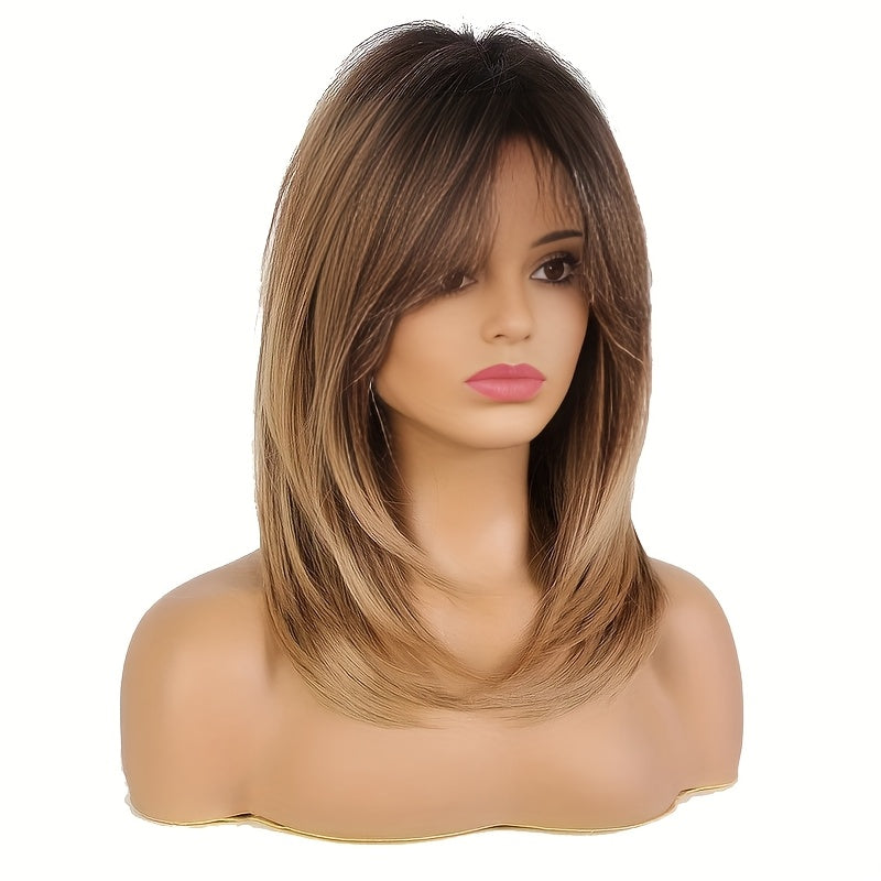 Crown & Glory Wigs Middle Long Straight Hair Brown to Blonde Wig Dark Roots Synthetic Wigs Heat Resistance Hair with Side Bangs Wigs for Women