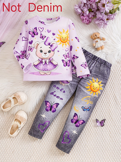 Girl clothing  2pcs Cute Bear and Sun Butterfly Heart Print Long Sleeve Top and Denim Pants Set