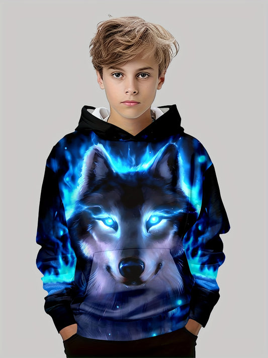 Boy  clothing  Blue Flame Wolf 3D Print Boys Long Sleeve Hoodie