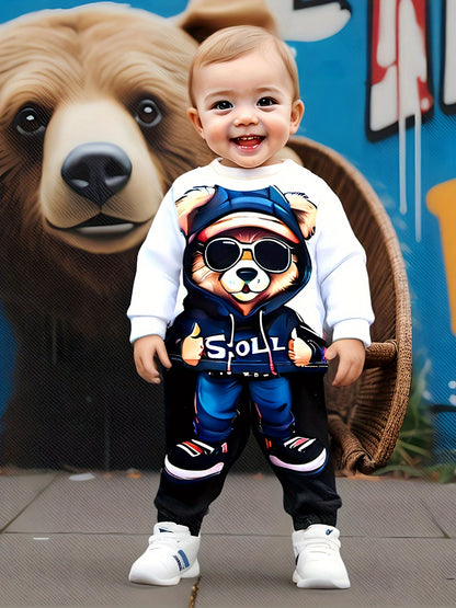 Boy  clothing Cool Hooded Bear Print Newborn Boy's Trendy Long Sleeves Round Neck Sweatshirt + Pants