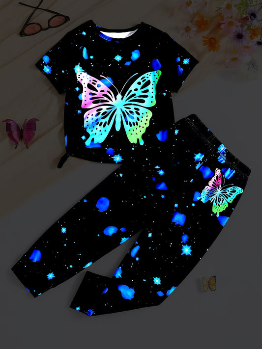 Girl clothing  Girls' Two-Piece Glow-In-The-Dark Butterfly Pajamas