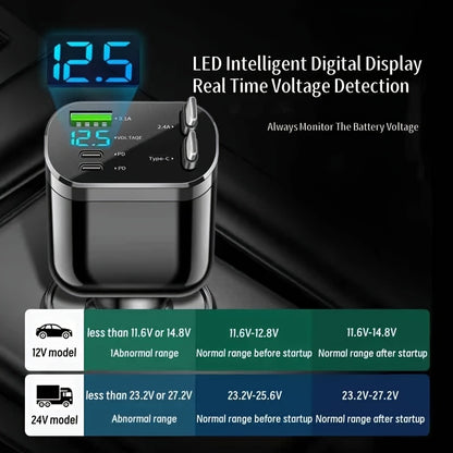 Car  5 in 1 Fast Car Charger, Suitable for Normal Family Car Models, with 2 Retractable Phone Charger Cables And 2 PD Ports