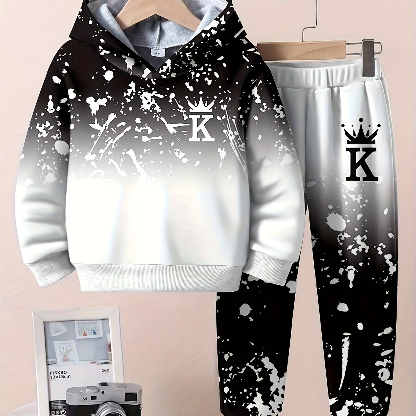 Boy  clothing   2pcs Set, Casual Crown Letter Printed Hoodie and Pants Outfit