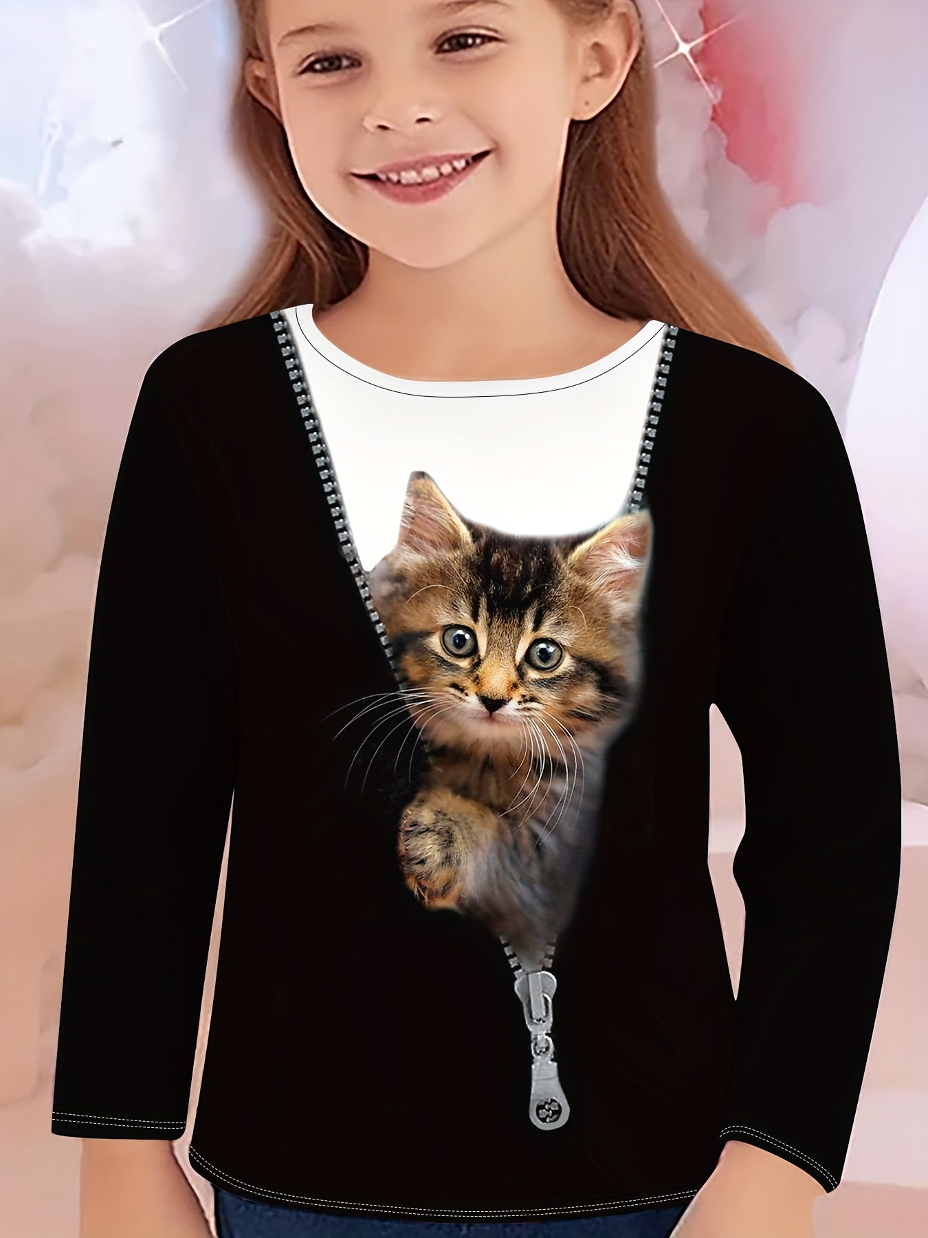 Girl clothing  Adorable  Cat Print Long Sleeve T-Shirt