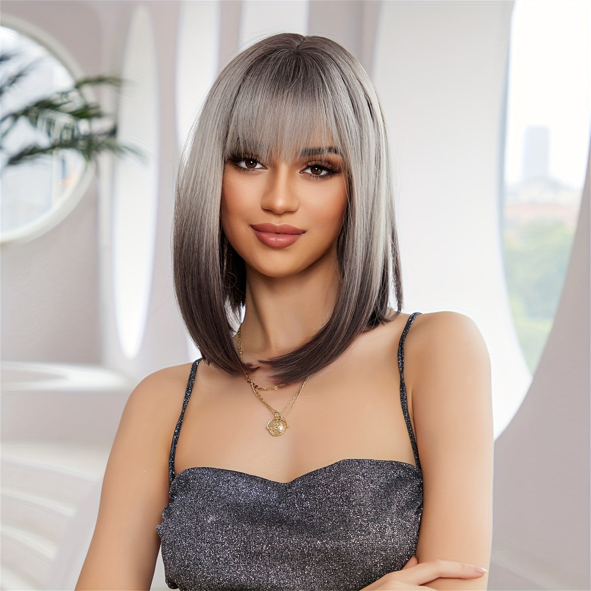 Crown & Glory Wigs  Women's Wig Bob Wig With Bangs Ombre Straight Shoulder Length Synthetic Wig For Women Heat Resistant Wig For Party Daily Wear Charming Wigs