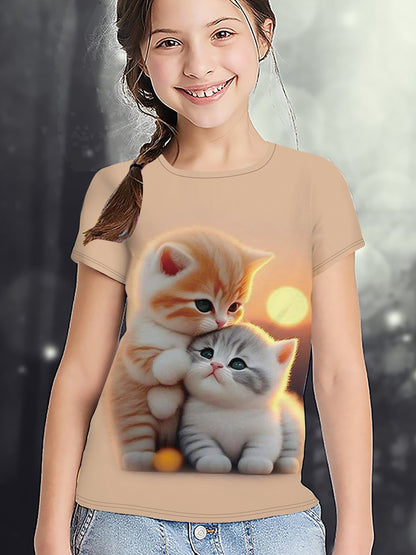 Girl clothing   Cat Pattern Short Sleeve Crew Neck T-shirt