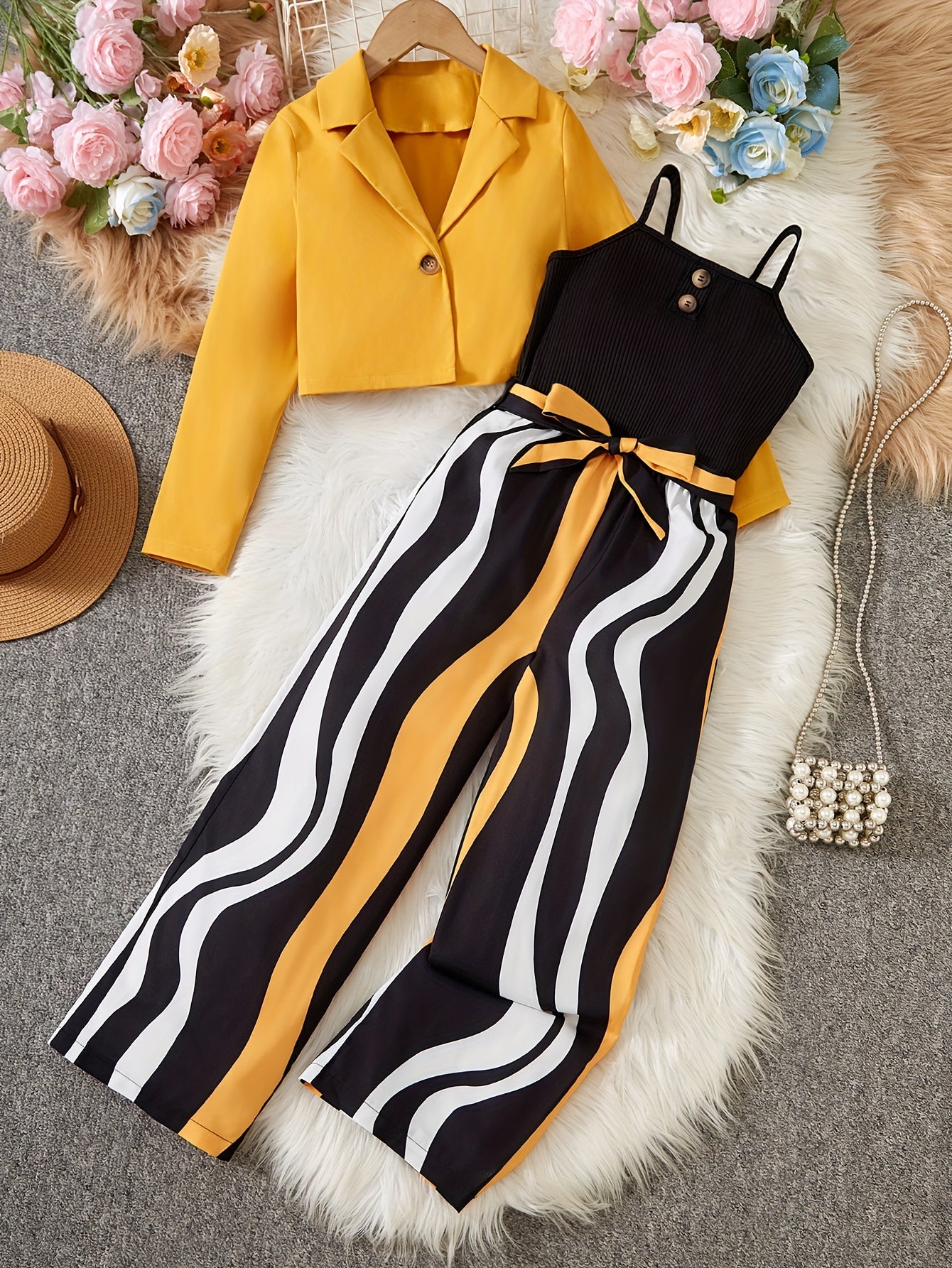 Girl clothing  Long Sleeve Short Blazer + Camisole + Striped Jumpsuit Set Includes Belt